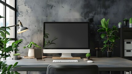 Wall Mural - Modern personal computer with blank white screen, keyboard, mobile phone and office accessories on desk at workplace of graphic designer, blogger. Electronic devices, technology and creativity