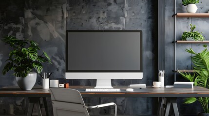 Wall Mural - Modern personal computer with blank white screen, keyboard, mobile phone and office accessories on desk at workplace of graphic designer, blogger. Electronic devices, technology and creativity