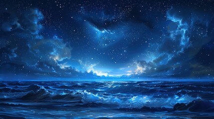 Wall Mural - A serene night scene with a dazzling starry sky reflecting over a calm blue ocean, with distant coastline silhouettes.