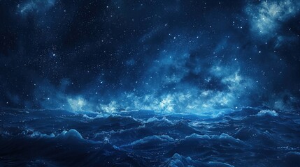 Poster - A serene night scene with a dazzling starry sky reflecting over a calm blue ocean, with distant coastline silhouettes.