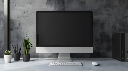 Wall Mural - Modern personal computer with blank white screen, keyboard, mobile phone and office accessories on desk at workplace of graphic designer, blogger. Electronic devices, technology and creativity
