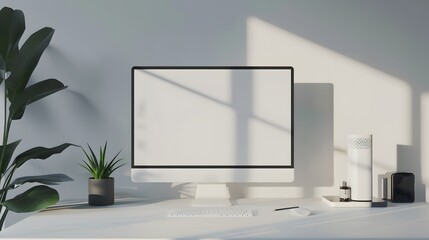 Wall Mural - Modern personal computer with blank white screen, keyboard, mobile phone and office accessories on desk at workplace of graphic designer, blogger. Electronic devices, technology and creativity
