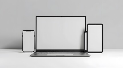 Wall Mural - Modern personal computer with blank white screen, keyboard, mobile phone and office accessories on desk at workplace of graphic designer, blogger. Electronic devices, technology and creativity