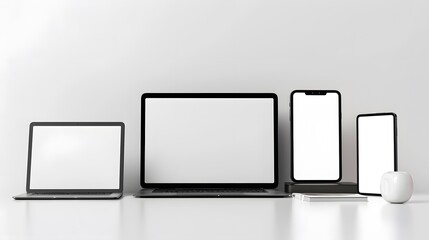 Wall Mural - Modern personal computer with blank white screen, keyboard, mobile phone and office accessories on desk at workplace of graphic designer, blogger. Electronic devices, technology and creativity