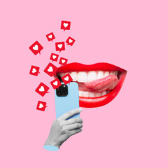 Big smiling woman's mouth with red lips showing tongue with hand holding mobile phone with like symbols from social media on a pink color background. 3d trendy collage. Contemporary art. Modern design