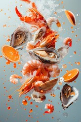 Wall Mural - An isolated marketing concept of amazing fresh seafood in mid air with ingredients.