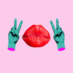 Wall Mural - Two female hands showing a peace gesture and kissing woman's red lips with a bow isolated on a pink color background. Trendy creative collage in magazine style. 3d contemporary art. Modern design