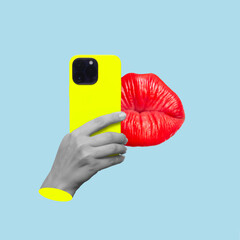 Wall Mural - Kissing woman's red lips with hand holding yellow phone with photo camera taking selfie isolated on a blue background. 3d trendy creative collage in magazine style. Contemporary art. Modern design