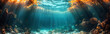 A beautiful underwater scene with a lot of fish and coral. The sunlight is shining through the water, creating a serene and peaceful atmosphere