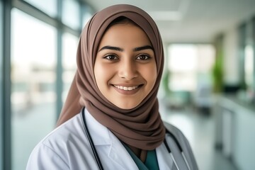 Wall Mural - Portrait of a young Muslim woman doctor in a hijab, looking at the camera and smiling, standing against the backdrop of a bright medical office