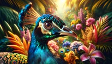 A Close-up, High-quality Scene Focusing On The Head And Upper Body Of A Majestic Peacock In A Tropical Setting.