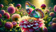 A Detailed And High-quality Scene Of A Delicate Butterfly Perched On A Brightly Colored Dahlia Flower In Full Bloom.