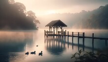 A Serene Image Featuring A Small Wooden Pier Extending Into A Misty Lake At Dawn.
