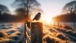 A single bird perched on a rustic wooden fence post at sunrise, with a soft golden light illuminating the scene.