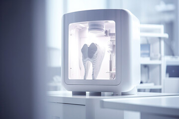 white tooth model created in 3d printer, light airy lighting in a lab, future innovations, innovative technology. High quality photo created with ai generative technology