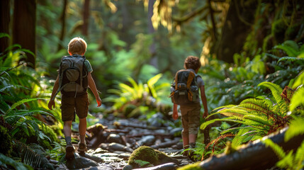 Portrait of a two brothers or young boys hiking together at summer or spring in nature