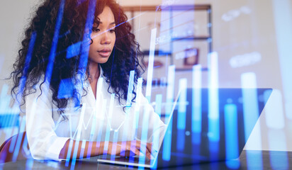 Poster - African woman using laptop, graph stock market lines. Ai generative illustration