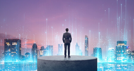 Poster - Businessman and rising lines, smart city connection. Ai generative illustration