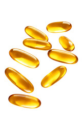 Wall Mural - Falling Fish oil pill, omega 3, isolated on white background, clipping path, full depth of field