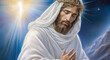 Jesus Christ in crown of thorns in the rays of light. Jesus with a crucifixion crown. The resurrected Jesus Christ. Easter Jesus Christ rose from the dead