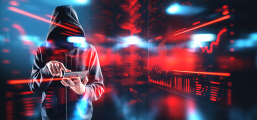 Poster - Hacker finger touch tablet, digital forex analysis. Ai generative illustration
