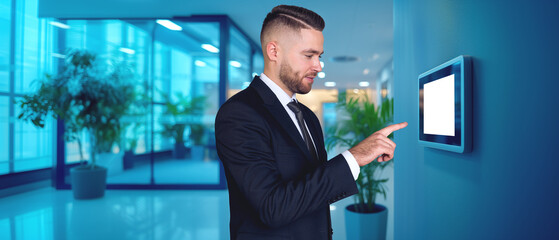 Poster - Man finger touch mockup tablet in office interior. Ai generative illustration