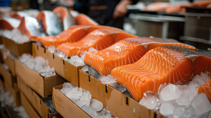 Wall Mural - fresh salmon placed on the table, in a traditional market located near the beach. Ai Generated Images