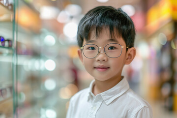 Canvas Print - Asian boy in optical store trying on new glasses