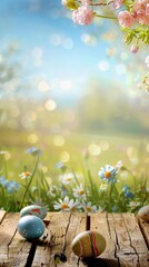 Wall Mural - Wooden table with easter eggs and blurred spring meadow background