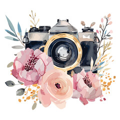 Photography watercolor floral camera logo.