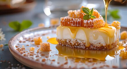 Wall Mural - Gourmet dessert drizzled with honey and honeycomb pieces