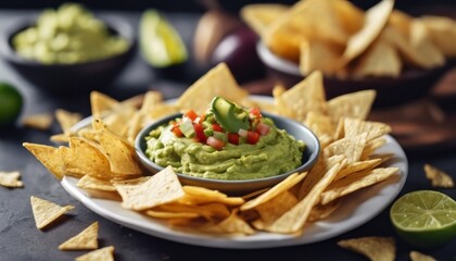 view of aesthetic tortilla chips with guacamole sauce and garnish on top image background