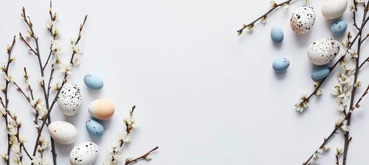 Flat lay easter composition with a willow branch and eggs on a white background, copy space