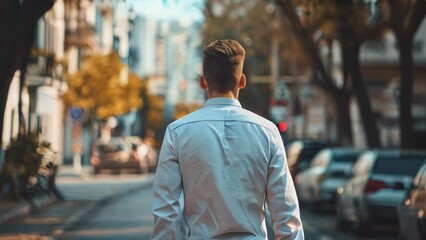 Wall Mural - Young man in a white shirt is walking along the city street.