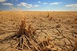 Withered flowers and a field of wheat on dry cracked earth are a metaphor for drought, water crisis and climate change in the world. An environmental disaster