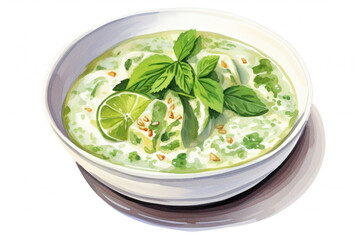 Wall Mural - Delicious Green Thai Vegetable Soup in a Traditional Bowl: A Tasty and Healthy Meal.