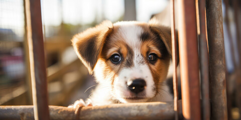 Wall Mural - Cheerful Puppy with Cute Face, Funny Brown Eyes, and Adorable White Fur, Sitting against Green Grass in a Summer Garden