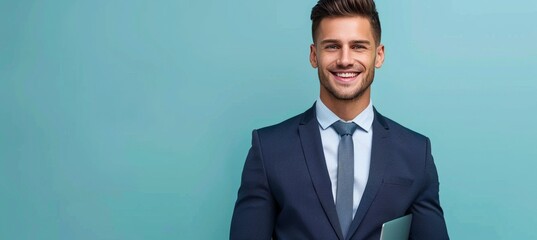 Confident european businessman in suit holding tablet on solid color background with copy space