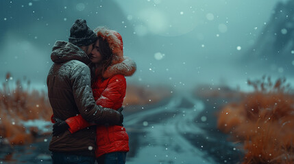 A couple sharing a warm embrace in a snowy landscape, wearing vibrant winter clothes, capturing a moment of love in a cold setting.