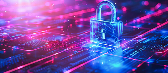 Fototapete - cyber security and privacy data network protection concept. Digital padlock on abstract technology background