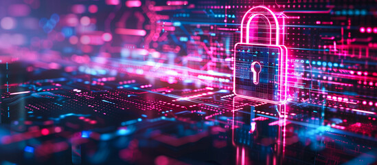 Fototapete - cyber security and privacy data network protection concept. Digital padlock on abstract technology background