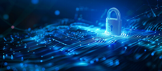 Fototapete - cyber security and privacy data network protection concept. Digital padlock on abstract technology background