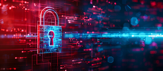 Fototapete - cyber security and privacy data network protection concept. Digital padlock on abstract technology background