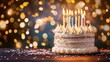 Birthday cake with burning candles on table against blurred lights, closeup .