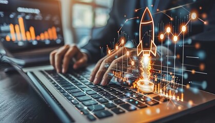 Poster - Launching rocket for business success, growth, and startup concept with text space