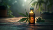 Marijuana leaf (CBD) with medical organic products in the form of marijuana oil on a wooden background