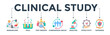 © Gravisio - Clinical study banner web icon concept for clinical trial research with an icon of researcher, trial, test person, comparison group, analysis, effectivity, and safeness. Vector illustration
