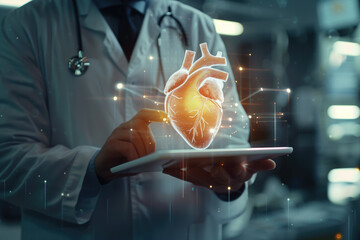 Wall Mural - Doctor holding tablet and checking heart testing result,  innovative technology in science and medicine concept