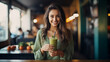 as a delightful girl with an infectious smile enjoys a refreshing green smoothie in a trendy cafe, embodying a sense of relaxation and rejuvenation in the midst of urban hustle and bustle