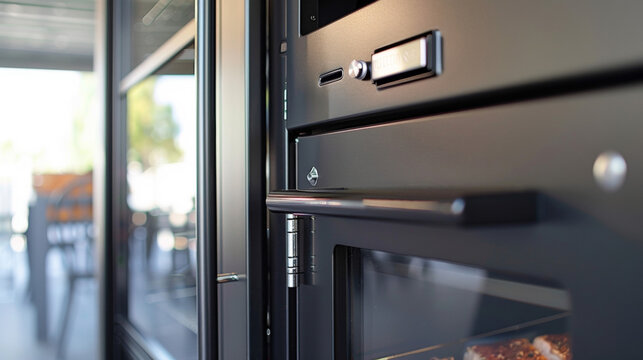 The door of the smoker is adorned with a shiny metal handle and a large glass window for easy monitoring of the food.